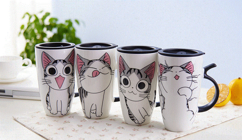 Funki Buys | Mugs | Large Ceramics Cat Mug | Spoon Lid | 20oz