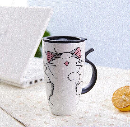 Funki Buys | Mugs | Large Ceramics Cat Mug | Spoon Lid | 20oz