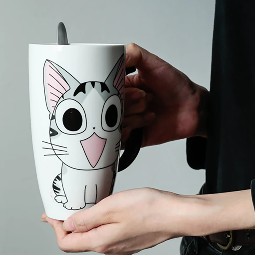 Funki Buys | Mugs | Large Ceramics Cat Mug | Spoon Lid | 20oz