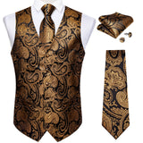 Men's 4 Pcs Gold Black Floral Vest Tie Set - Gold/Black - 4Pcs Set -M-0152 - XXXL - Silk - image 2
