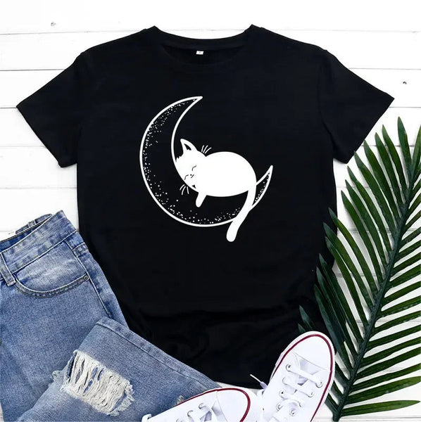 Funki Buys | Shirts | Women's Cat On the Moon Printed T-Shirt