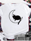 Funki Buys | Shirts | Women's Cat On the Moon Printed T-Shirt