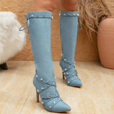 Funki Buys | Boots | Women's Denim Cross Strap Buckle Boots
