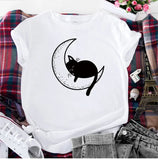 Funki Buys | Shirts | Women's Cat On the Moon Printed T-Shirt
