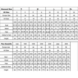 A clothing size chart with columns for small to extra-large and plus sizes, showing US, Europe, and UK sizes for bust, waist, hips, and height.