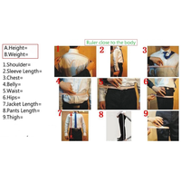 A collage shows nine steps for measuring men's clothing sizes, including shoulders, sleeves, chest, belly, waist, hips, jacket length, pants length, and thigh.