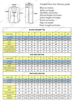 "A detailed suit size chart with diagrams for measuring blazers, vests, and pants. It includes measurements in centimeters for bust, belly, shoulder, sleeves, jacket length, waist, hips, and pants length. Sizes range from XS to 5XL, with conversions for USA and EU sizes. A visual guide on measuring aspects like chest and sleeve is shown beside the chart."