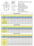 "A detailed suit size chart with diagrams for measuring blazers, vests, and pants. It includes measurements in centimeters for bust, belly, shoulder, sleeves, jacket length, waist, hips, and pants length. Sizes range from XS to 5XL, with conversions for USA and EU sizes. A visual guide on measuring aspects like chest and sleeve is shown beside the chart."