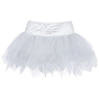 A fluffy white tutu with layers of delicate, translucent tulle. The garment has a soft, gathered waistband and a light, airy, and whimsical appearance.