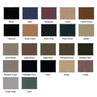 A grid of 20 fabric swatches showcases various colors, including black, blue, burgundy, camel, and teal. Each square is labeled, offering a diverse palette.