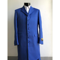 A royal blue pinstripe suit with white vertical lines, featuring a notched lapel, multiple buttons, and flap pockets, displayed on a mannequin. Elegant and formal.
