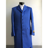 A royal blue pinstripe suit with white vertical lines, featuring a notched lapel, multiple buttons, and flap pockets, displayed on a mannequin. Elegant and formal.