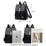 A stylish black backpack with gold accents, shown beside an iPad and an A4 magazine for size comparison. Dimensions noted are 32cm x 26cm x 14cm.