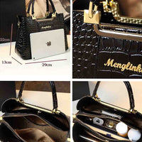 A stylish black handbag with a crocodile texture, featuring a gold logo and spacious interior for a tablet and accessories.