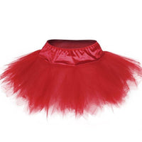 A vibrant red tutu with layers of tulle and a satin waistband. The tutu is fluffy, creating a playful and elegant appearance, suitable for dance or dress-up.