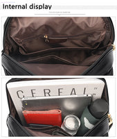 An interior view of a stylish bag, showcasing compartments with a book, tablet, wallet, water bottle, and clear glass.