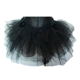Black tutu skirt with layered tulle, creating a voluminous, elegant look. The fabric is rich and textured, conveying a sense of drama and sophistication.