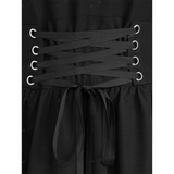 Close-up of a black corset-style dress with crisscrossed lacing through silver eyelets. The fabric has a gathered texture, creating a structured, elegant look.