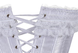 Close-up of a white satin corset with intricate lace trim and crisscrossed white lacing through silver eyelets, conveying elegance and vintage style.