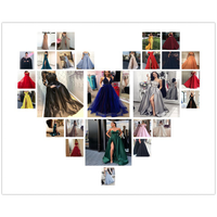 Collage of women in elegant evening gowns arranged in a heart shape. Dresses are in various colors such as blue, green, red, and gray, showcasing glamorous styles.