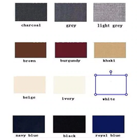Color swatches arranged in a 4x3 grid display shades: charcoal, grey, light grey, brown, burgundy, khaki, beige, ivory, white, navy blue, black, royal blue.