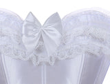 Corset top in white satin with lace trim and a large satin bow. The fabric appears elegant, with a delicate and feminine design.