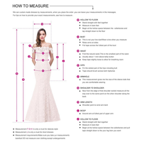 A guide on how to measure for custom dresses, featuring a woman in an off-shoulder lace dress. Pink lines indicate measurement areas, labeled A to J, including bust, waist, and hips. Instructions are listed alongside each measurement, highlighting key steps like standing straight and measuring from the shoulder. Keywords: dress measurements, custom size guide, fashion.