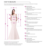 A guide on how to measure for custom dresses, featuring a woman in an off-shoulder lace dress. Pink lines indicate measurement areas, labeled A to J, including bust, waist, and hips. Instructions are listed alongside each measurement, highlighting key steps like standing straight and measuring from the shoulder. Keywords: dress measurements, custom size guide, fashion.