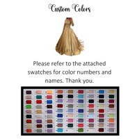 Elegant gold dress on top, "Custom Colors" text, and color swatches with numbers below. Text instructions for selecting colors included.