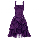 Deep purple Gothic dress featuring a corset-style bodice with lacing, ruffled straps, and a tiered asymmetrical skirt, exuding elegance and drama.