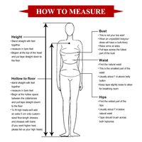"How to Measure" shows a woman's body silhouette with arrows indicating where to measure for height, bust, waist, hips, and hollow to floor. Instructions are provided next to each measurement area for accuracy.
