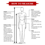 "How to Measure" shows a woman's body silhouette with arrows indicating where to measure for height, bust, waist, hips, and hollow to floor. Instructions are provided next to each measurement area for accuracy.