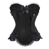 Elegant black corset with lace trim and three satin bows. The lacy texture and sleek fabric convey a vintage, sophisticated tone.