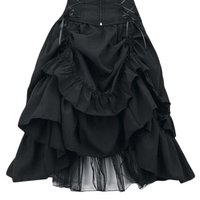 Elegant black gothic skirt with layered ruffles, lace trims, and ribbon accents. Dramatic and flowing design, exuding a vintage, romantic feel.