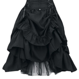 Elegant black gothic skirt with layered ruffles, lace trims, and ribbon accents. Dramatic and flowing design, exuding a vintage, romantic feel.