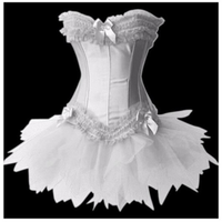 Elegant white corset dress with lace trim and bows, featuring a tulle tutu skirt. The design is delicate, conveying a romantic and graceful tone.