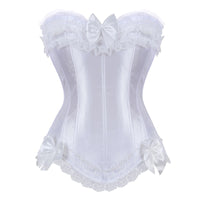 Elegant white corset with lace trim and satin bows. The corset features intricate detailing and a refined, romantic design, exuding classic elegance.