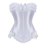 Elegant white corset with lace trim and satin bows. The corset features intricate detailing and a refined, romantic design, exuding classic elegance.