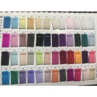 Fabric swatches in a grid, displaying various colors from neutrals to bright shades. Each swatch is labeled with a number and pinned on white paper.
