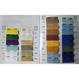 Fabric swatches in various colors displayed on a grid. Colors range from yellow, green, purple, beige, brown, to blue, each labeled with numbers.