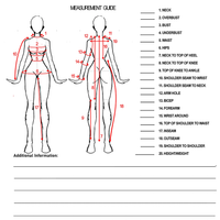 Fashion measurement guide with front and back views of a human figure. Red lines and numbers indicate 20 body measurements like neck, waist, and hips.