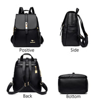 Four views of a sleek black leather backpack, showcasing its front, side, back, and bottom designs with gold accents.