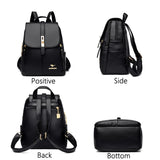 Four views of a sleek black leather backpack, showcasing its front, side, back, and bottom designs with gold accents.