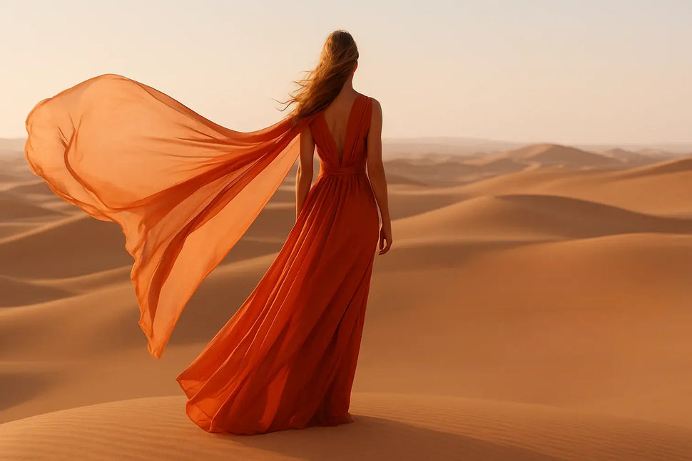 Woman in a flowing red dress standing in a desert landscape with sand dunes.