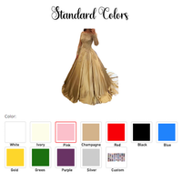 Gold ballroom gown with lace details, full skirt, and long sleeves. Text reads "Standard Colors" with color swatches below including red, blue, and gold.