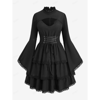 Gothic black dress with tiered lace layers, long bell sleeves, and corset-style lace-up bodice. The neckline features lace details, evoking a vintage, mysterious vibe.