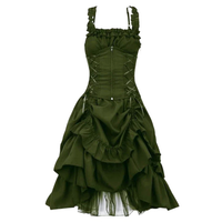 Green Gothic-style dress with a corset bodice, crisscross lacing, and layered ruffled skirt. The design conveys an elegant, vintage feel.