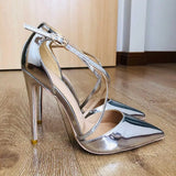 Funki Buys | Shoes | Women's Shiny Silver Cross Ankle Strap Stilettos