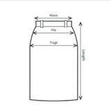Diagram measuring a skirt with labels for waist, hip, thigh, and length on a white background.