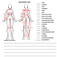 Illustration of a female measurement guide with two body outlines labeled with measurement lines for neck, bust, waist, hips, arms, and legs.